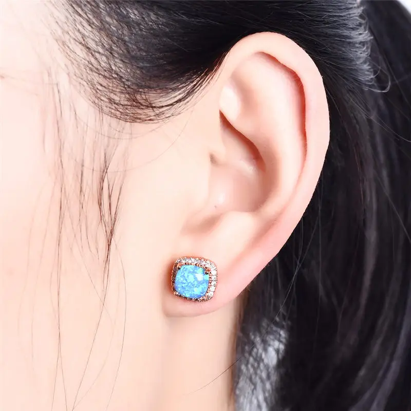 Женские серьги гвоздики Boho с голубым огненным опалом модные из розового золота