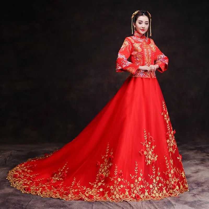 Роскошное Королевское красное платье с вышивкой китайское свадебное Qipao для