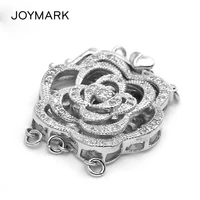 3 strands sterling silver peony flower clasp fashion micro pave zircon connector pearl jewelry necklace pendant charms sc cz033