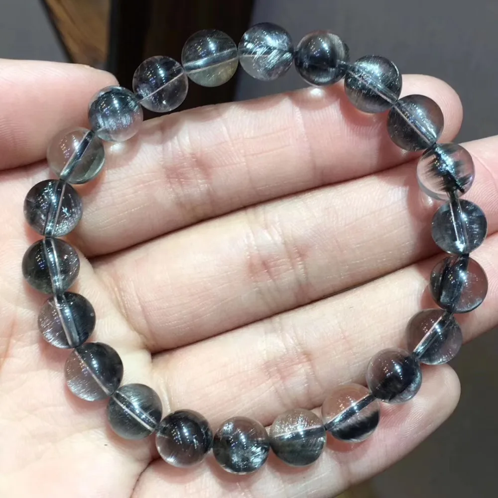 

8.8mm Genuine Natural Silver Rutilated Quartz Crystal Bracelet Brazil Round Beads Gemstone For Woman Lady Gift Bracelet Jewelry