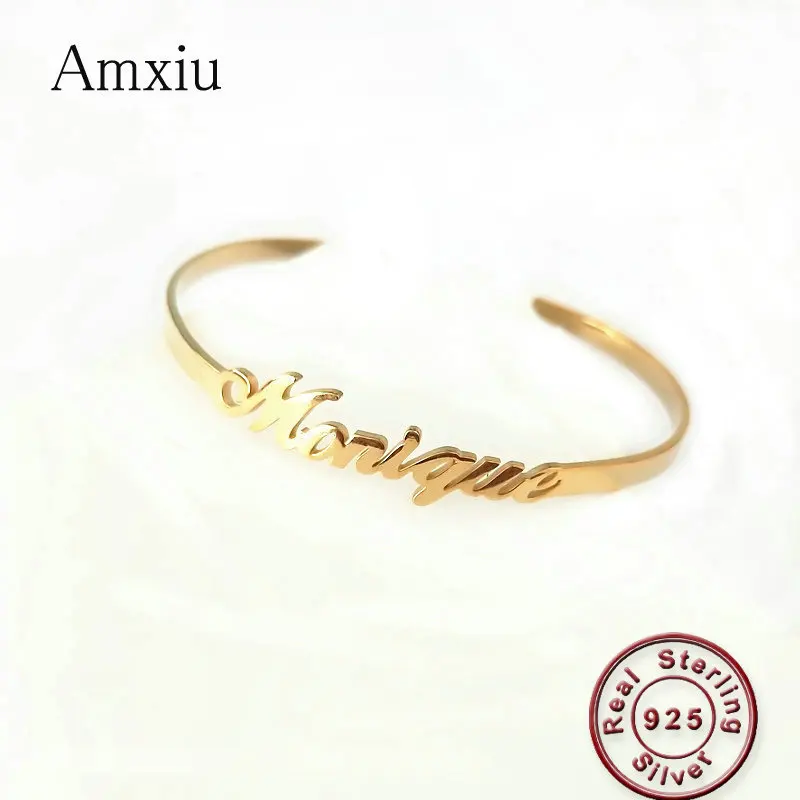 Amxiu 925 пробы Серебряный регулируемый браслет на запястье на заказ с любым именем Открытые Браслеты для женщин и мужчин подарок на день рождения Аксессуары
