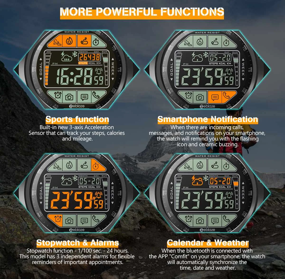 Zeblaze VIBE 3S уличные умные часы в режиме реального времени, погодные шаги, отслеживание расстояния калорий, водонепроницаемость, установка цели, будильник