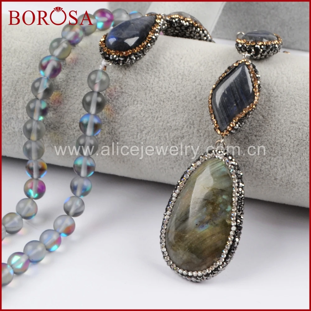 

BOROSA Elegant Geometric Labradorite Stone & Natural Quartz Beads Rhinestone Paved Zircon Pendant Necklace Gems for Women JAB788