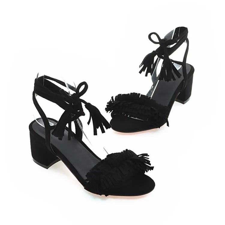 2016 г. Женские сандалии на среднем квадратном каблуке с кисточками шнуровке узлом