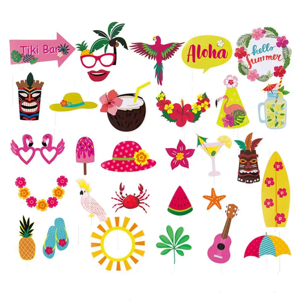 

30pcs Summer Party Photo Booth Props Kit DIY Luau Hawaiian Tropical Beach Wedding Birthday Party Decorations