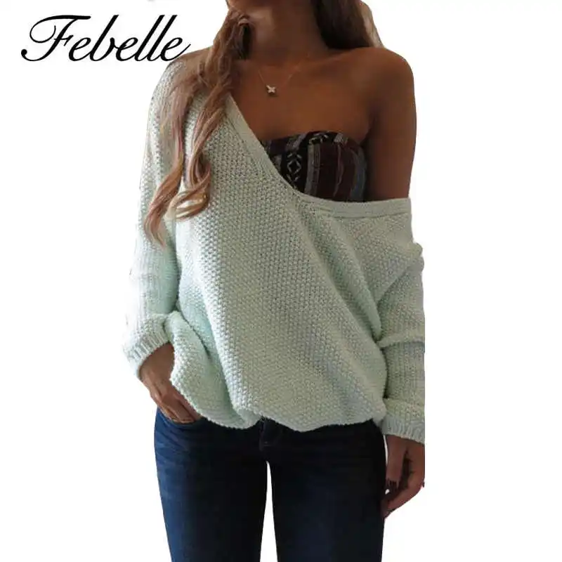 Febelle Casual V-neck Autumn Winter Sweaters Women Loose Jumpers Top Knitwear Pullovers 6 Colors Outwears One Size #90845 | Женская