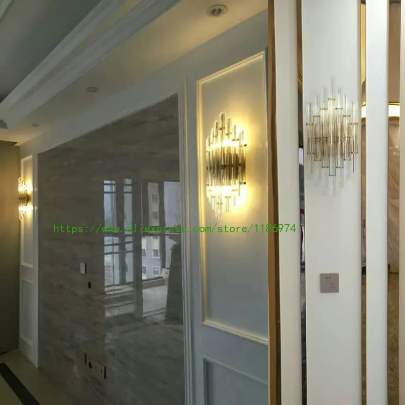 Отель зал длинная Вертикальная Хрустальная настенная лампа освещение Золотая