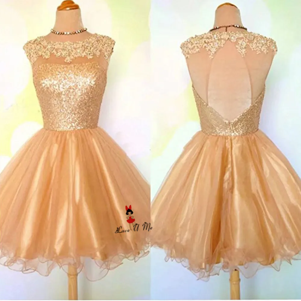 Modest New Year Champagne Gold Prom Dresses Short 2018 Sequined Lace Homecoming Party Dress Above Knee Open Back Gala Jurken | Свадьбы и