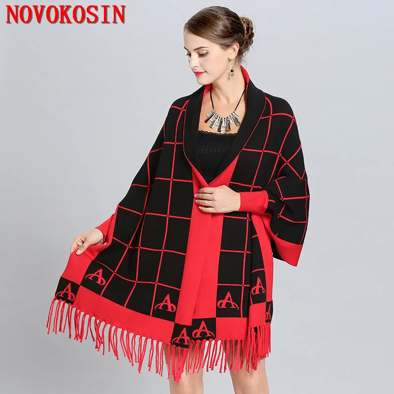 2018 оверсайз модный клетчатый плащ зимнее вязаное толстое пончо с кисточками