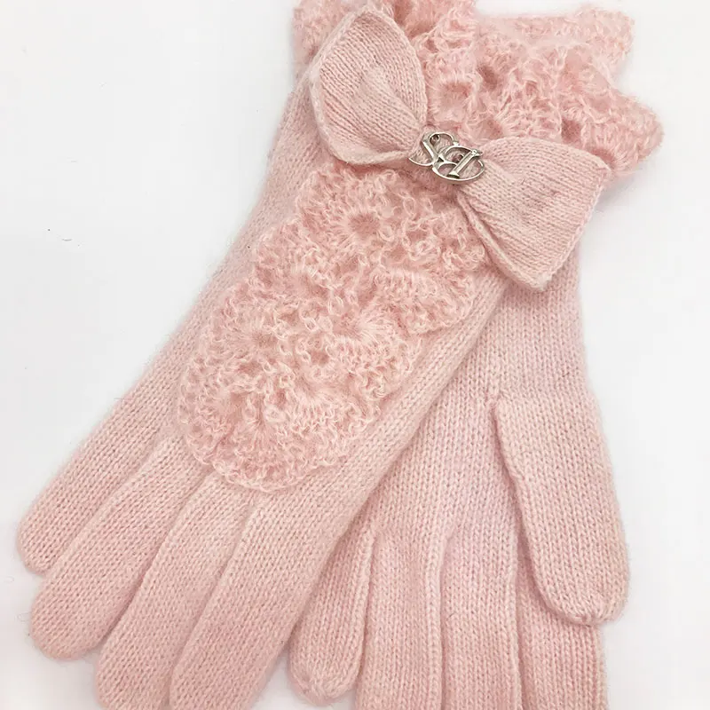 light pink Новинка, зимние перчатки, толстые, сохраняющие тепло, шерстяные перчатки, женские, кружевные, вязаные, для улицы, для езды, для вождения, специальные, пять пальцев, ручная работа - Цвет: light pink