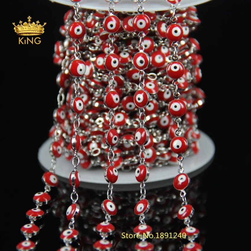 Wholesale 6MM Red Evil Eye Charms Coin Beads Wire Wrapped Beaded Chains Men Rosary Chain For Bracelet Necklace DIY Jewelry DS007 |