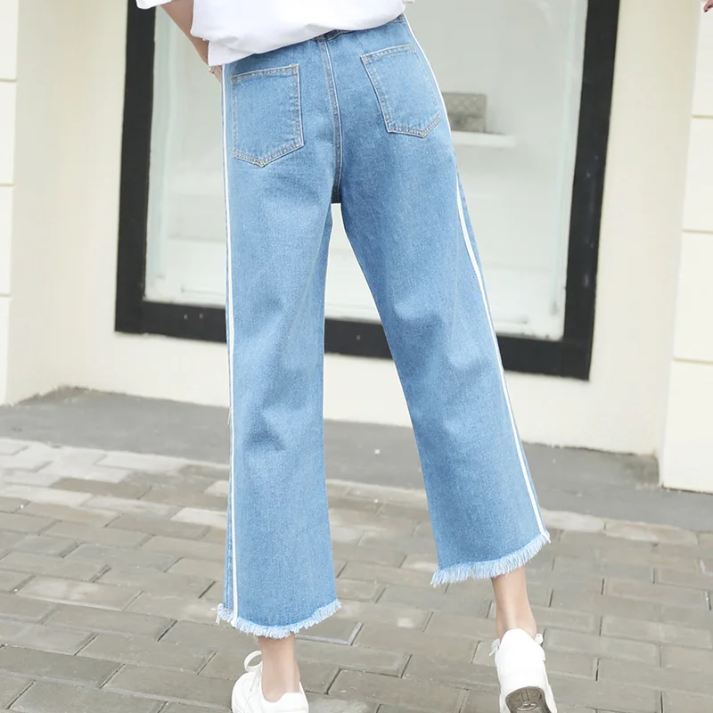 Новый Для женщин Мода Высокая талия джинсы Side Striped Широкие штаны женские