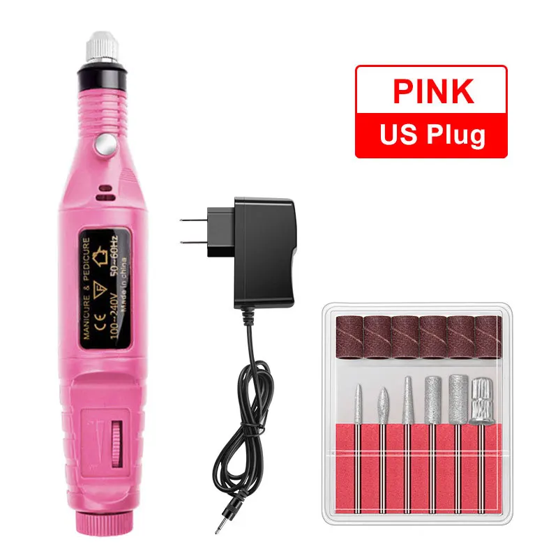 pink US Профессиональный электрический набор для маникюра, маникюрный маникюр с полировкой, электрическая ручка для маникюра, Педикюр с 6 битами, инструменты для маникюра - Цвет: pink US