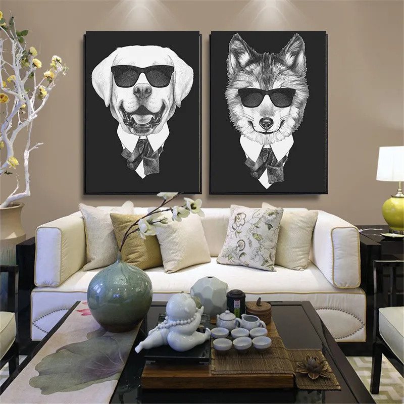 HAOCHU Dark Glasses Suit Dog Black Painting Modern Realistic Animal House Decor Wall Art Poster Canvas Sitting Badroom Corridor | Дом и сад