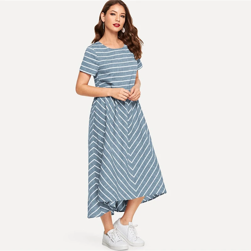 SHEIN Полосатое Платье макси с шевронным принтом, женское повседневное летнее платье с коротким рукавом, хлопковое женское платье трапециевидной формы с круглым вырезом