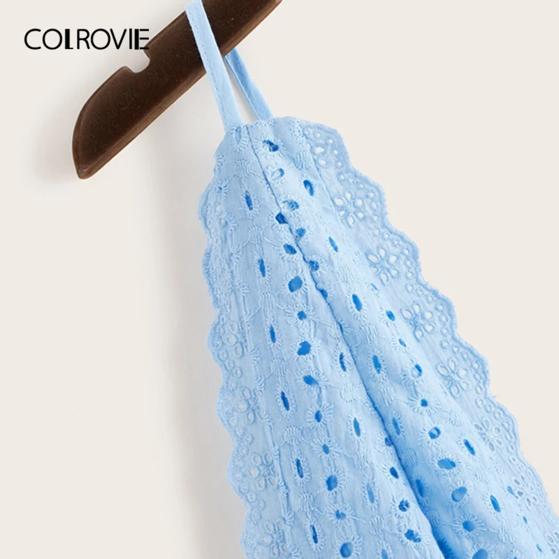 COLROVIE, синий топ с вышивкой, глубоким v-образным вырезом и баской, женская одежда, летняя Корейская футболка с открытой спиной, праздничный жилет