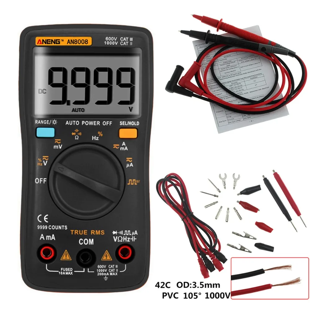 AN8008 True RMS lcd Цифровой мультиметр 9999 отсчетов квадратная волна AC DC Напряжение Амперметр Ток Ом Авто/ручная подсветка