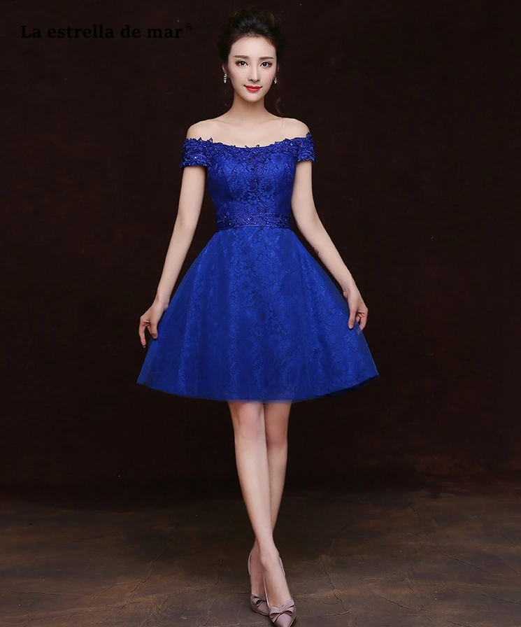 Ла звезда mar robe demoiselle d'honneur2019 кружевной вырез лодочкой короткий рукав трапециевидной формы королевский синий короткое платье подружки невесты Дешевые
