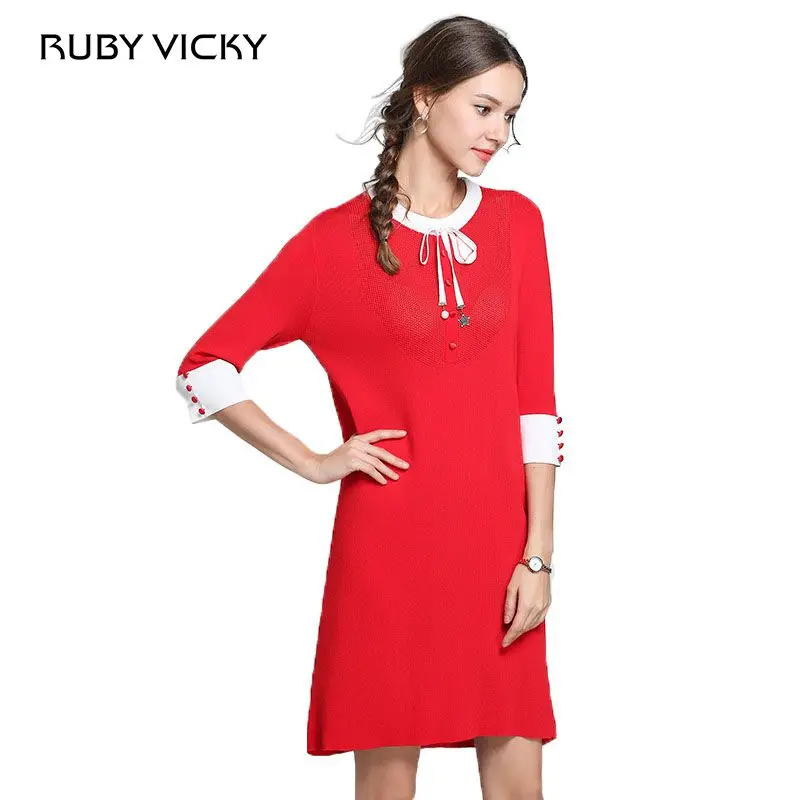 Женское вязаное платье с круглым вырезом RUBY VICKY однотонное офисное