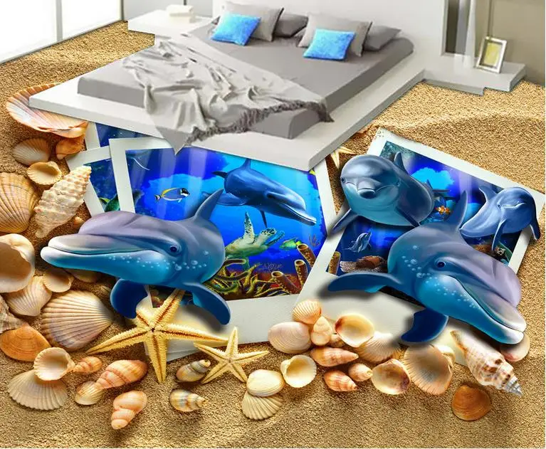 

Пользовательские 3d напольные плитки Дельфин пляжные обои с рисунками ракушек фото 3d пол водонепроницаемые обои для ванных комнат 3d-floor-обои