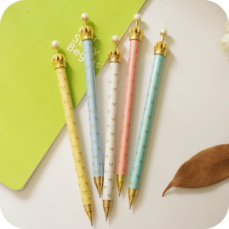 5 pcs Japan and South Korea stationery cute pearl crown automatic pencil creative press pencil 0.7m metal rod pencil