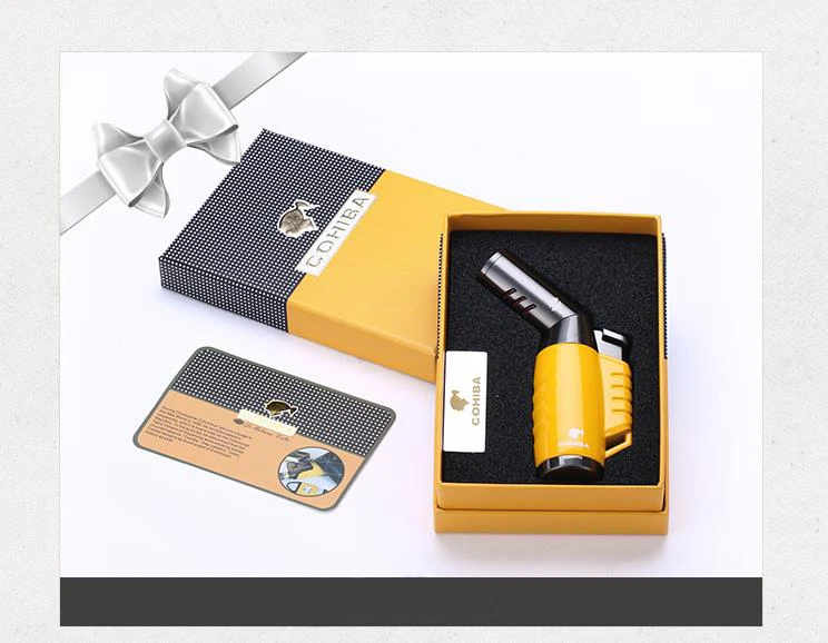 COHIBA Желтый Серый Металл поворотный Gasline тройной пламени факел ветрозащитный Professional сигары Авто прикуриватели с подарочной коробке