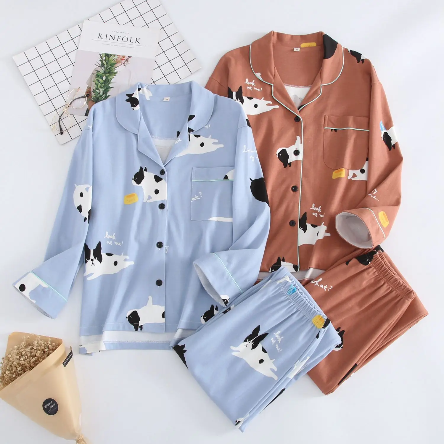 New Cute dogs sleepwear women pajamas sets spring knit cotton long-sleeved homewear female nightgown women pyjamas