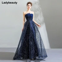 ladybeauty elegant navy blue ball gown evening dresses embroidery appliques 2018 strapless prom party gowns long robe de soiree