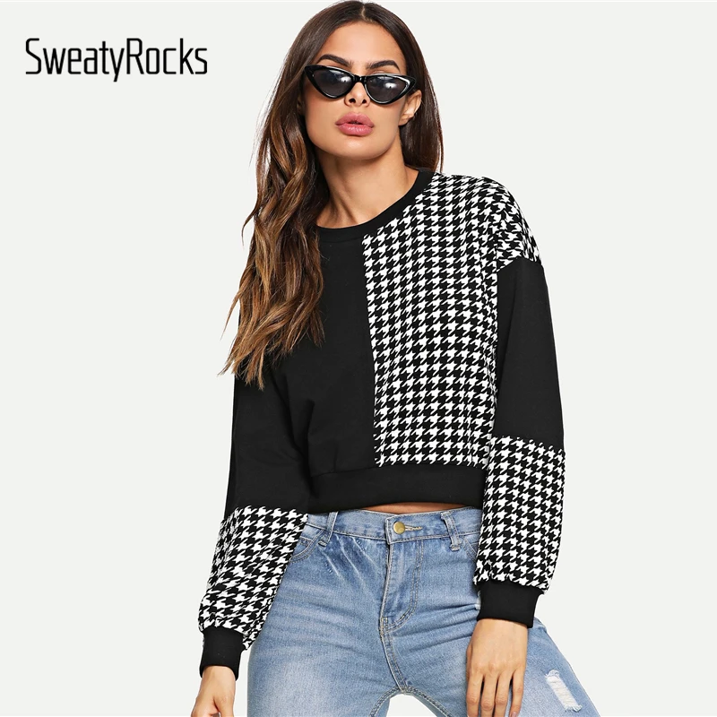 SweatyRocks черно-белая укороченная толстовка женская одежда с длинным рукавом пуловеры осень растягивающиеся толстовки