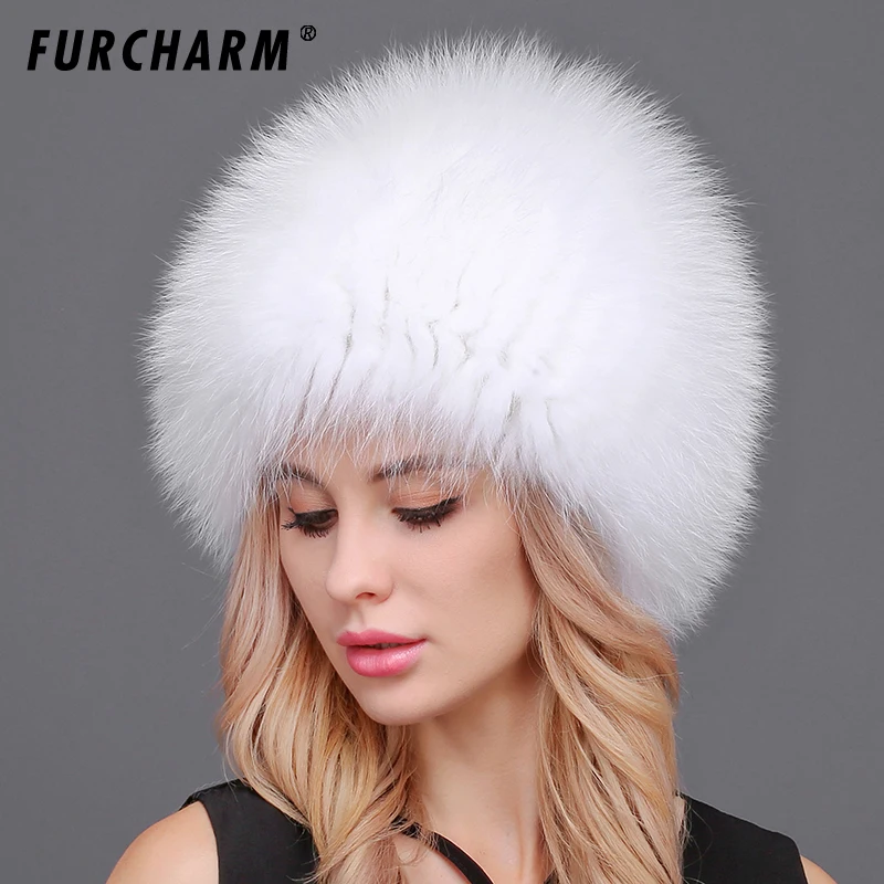 Зимняя меховая шапка для женщин пушистая вязаная из лисьего меха повседневные