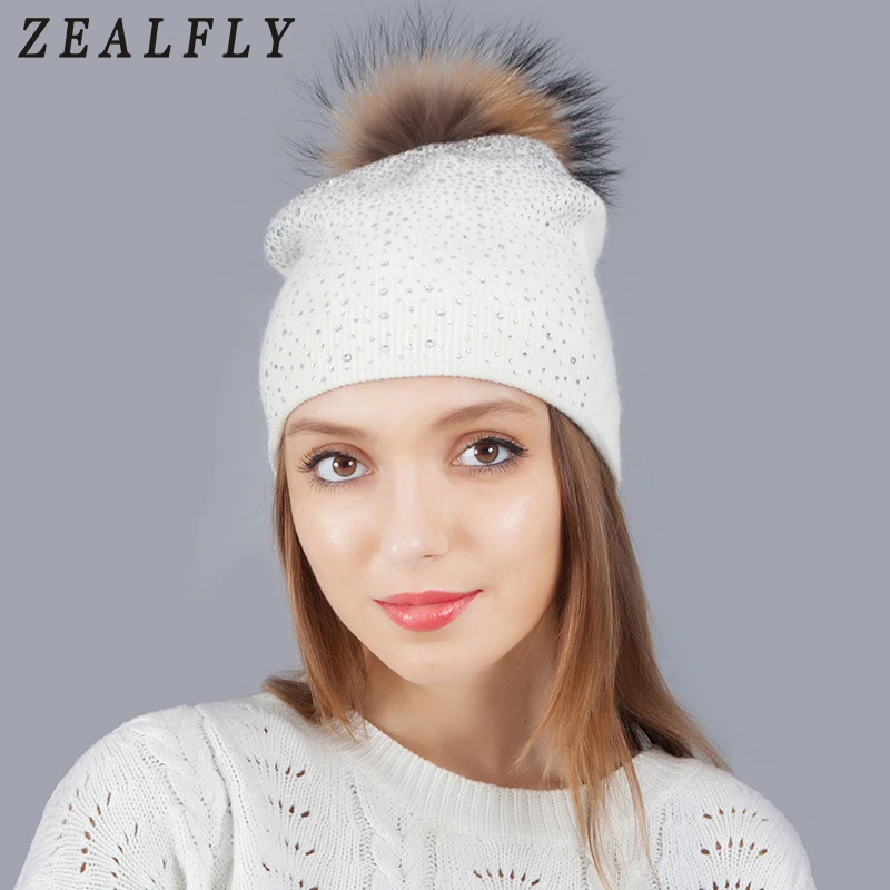 Норка лиса шапка с меховым помпоном Женская шерстяная женские зимние шапки
