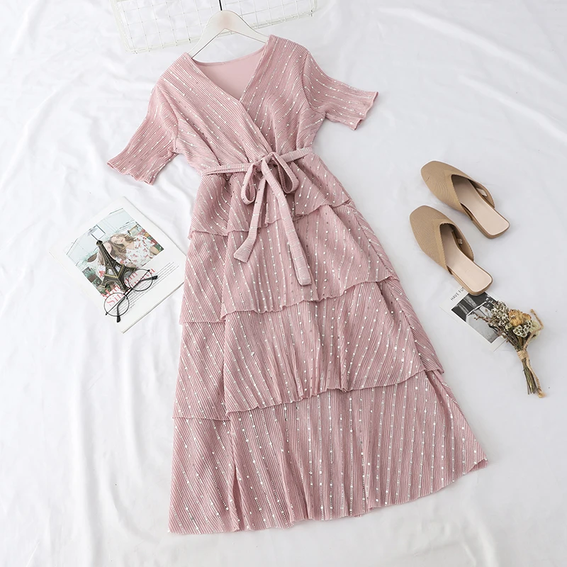 

2019 Elegant Women V-Neck Striped Sequined Bandage Strap Sashes Ball Gown Layer Cake Dress Vintage Elastic Slim Party Midi Dress