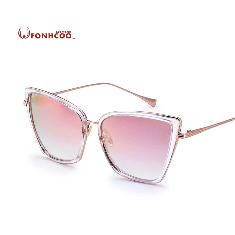 

FONHCOO New Fashion Women Sunglasses Mirror Glasses Metal Cat Eye Brand Designer Square Style UV400 rays protection