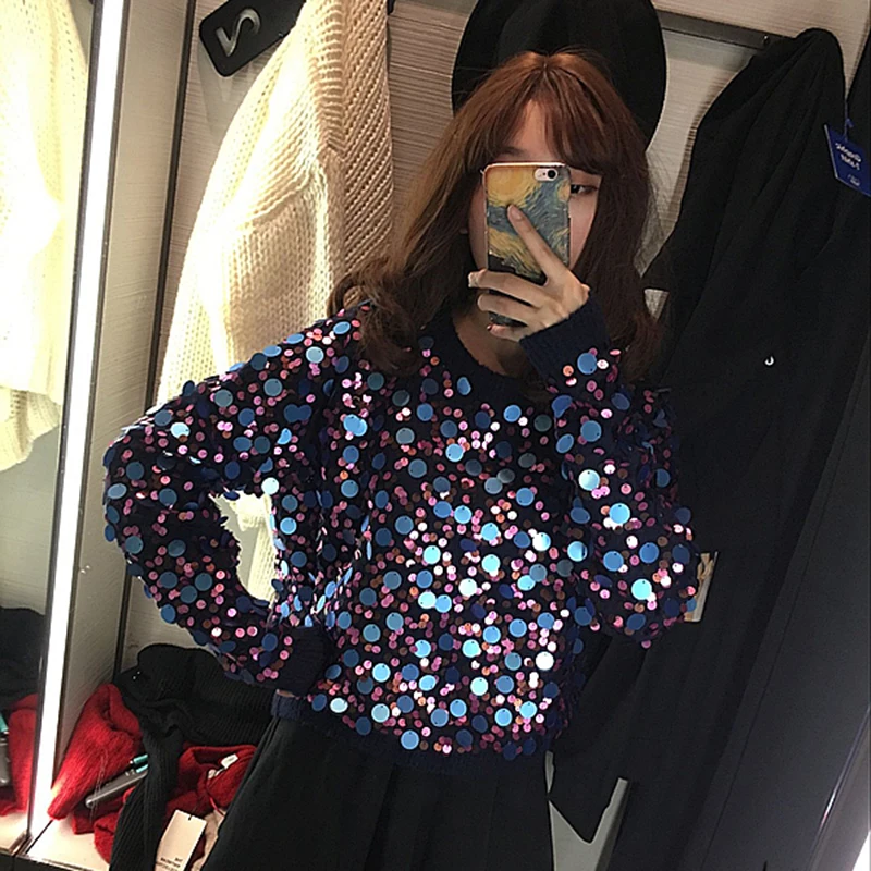 2018 Winter New Shiny Sequined Knit Sweater Fashion Glitter Women Sweaters and Pullovers Bling O-neck Black Lady Tops | Женская одежда