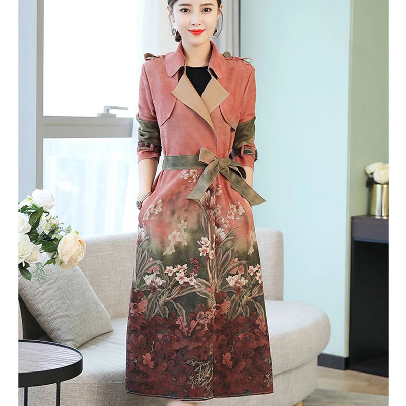 Новинка, Женский Тренч, весна-осень, с принтом, длинный, замшевый, ветровка, модный, женский, тонкий, пальто, плюс размер, Тренч, H599
