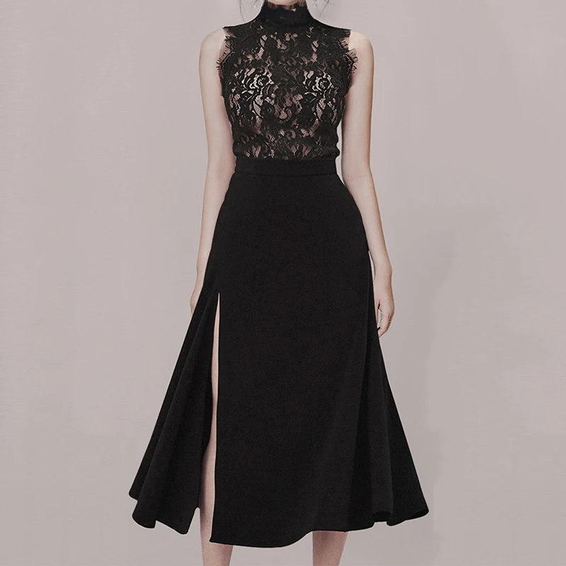 Max Spri 2019 New Style Women Sets O-neck Floral Lace Sleeveless Top Side Slit High Waist Midi Skirt |