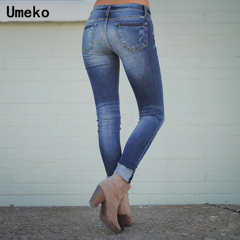 Женские узкие джинсы Umeko синие потертые с высокой талией модные длинные брюки