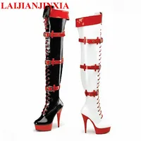 LAIJIANJINXIA 15 CM High-Heeled Shoes Sexy Boots Plus Size 46 Wine Glass With Platform Shoes Inch Over-the-Knee Boots A-009