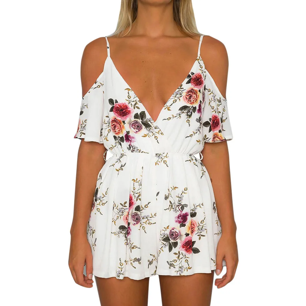 

Summer Fashion Womens Ladies Playsuit Sexy Off Shoulder Floral Print Casual Short Jumpsuit Overalls Combinaison Femme