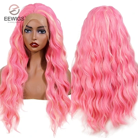 pink and white EEWIGS розовый парик с белым изюминкой свободная волна Glueless синтетический парик на кружеве термостойкие парики для черных женщин - Цвет: pink and white