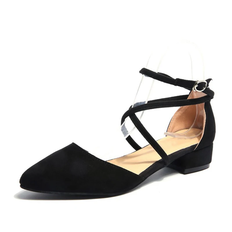 

NEW2022 Women Buckle Casual Cross Strap Suede Summer Pumps New 2022 Ladies Pointed Toe Square Low Heels Female Flock Fashion