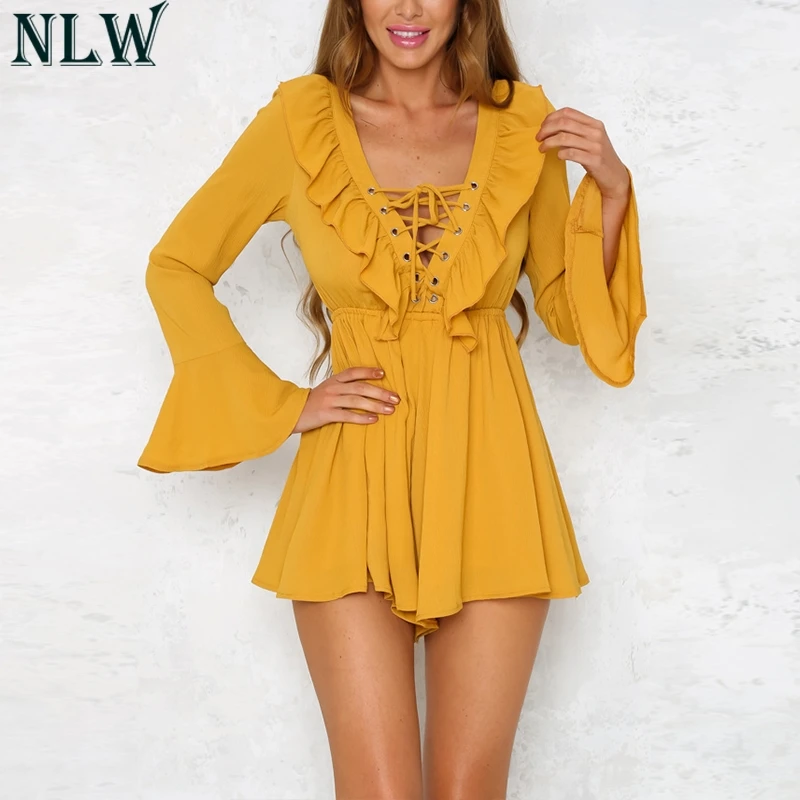 NLW Boho шикарный комбинезон с рюшами со шнуровкой расклешенными рукавами свободный