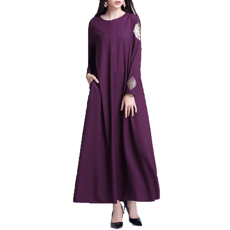 

Fashion Women Kaftan Abaya Dress Solid Color Long Maxi Dress National Style Muslim Geometric Printed Fashion Apparel
