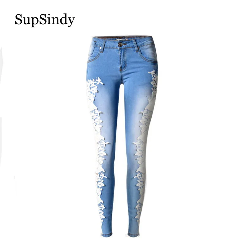 SupSindy/Летние повседневные женские кружевные джинсы сексуальные Лоскутные