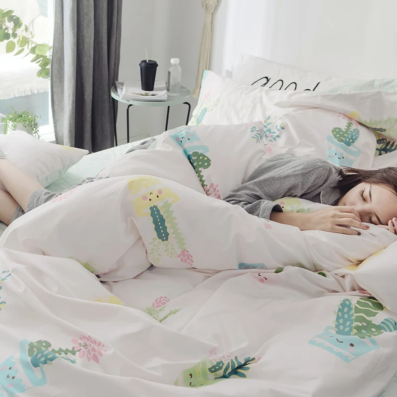 Green Plant Pattern Cotton Soft Bedding Set Queen King Full Size Bed Linen 4Pcs/Set Duvet Cover Sheet AB Side 2019 | Дом и сад