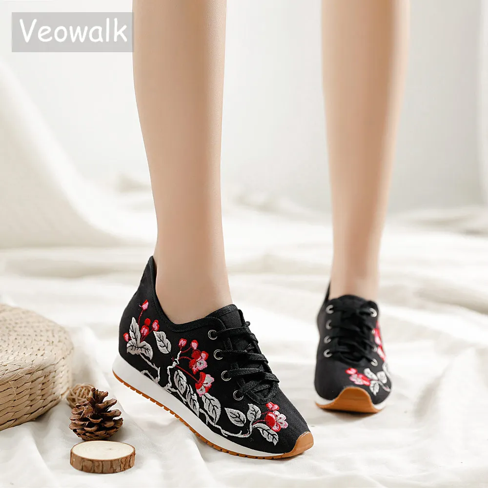 Женские холщовые кроссовки Veowalk с вышивкой листьев повседневная женская обувь на