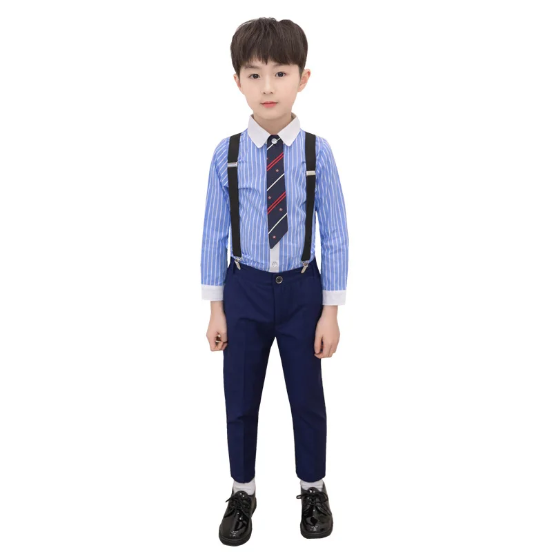 School uniform Suit For Boys Kids Formal White Wedding Dress Gentleman Girls Strap Shirt Pant Tie 4Pcs Pinao Performance Costume | Детская