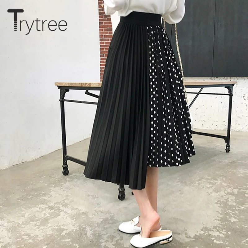 Trytree лето осень женская юбка в горошек Повседневная полиэфирная шифоновая Асимметричная эластичная талия модная плиссированная юбка размера плюс юбки