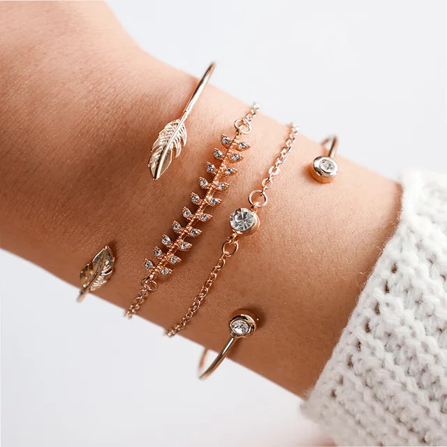 Boho полые круг кристалл Bileklik открытым браслеты для женщин рыбные кости листья треугольники мяч браслет комплект леди ювелирн - Окраска металла: 2
