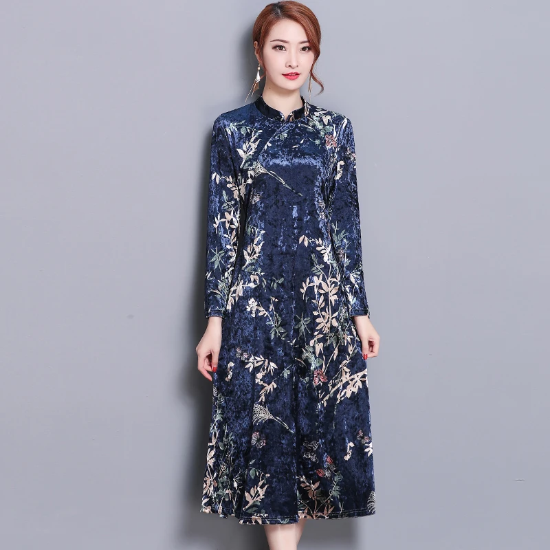 2018 Новинка весны ветер Китай ретро свободные с принтом платье Чонсам вечерние